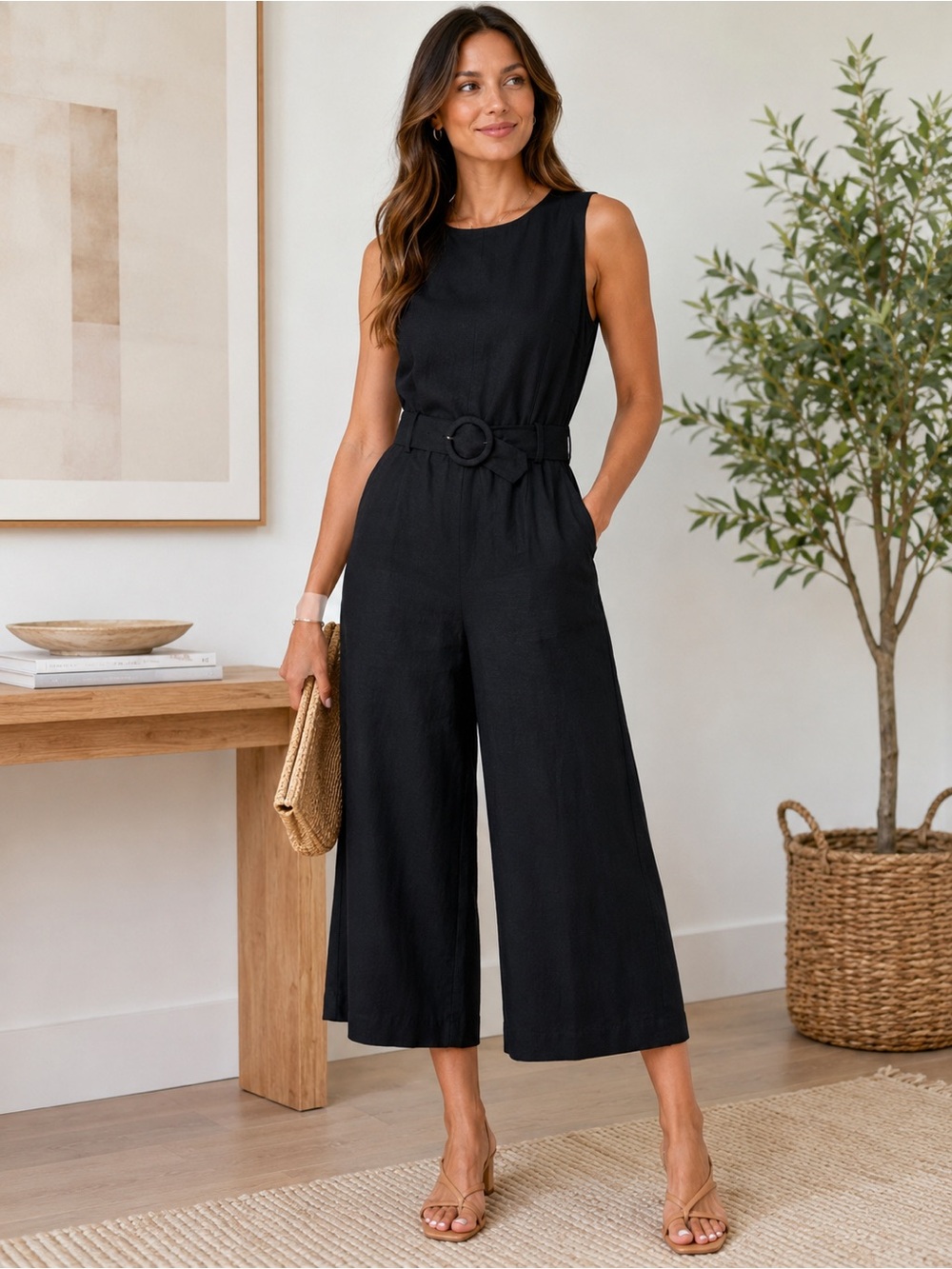 LOFT Black Linen Blend Belted Wide Leg Cropped Jumpsuit Petites 6P